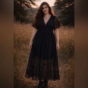 Black Lace Maxi Dress XXL Whimsigoth Dark Romantic Boho Gothic Flutter Sleeve